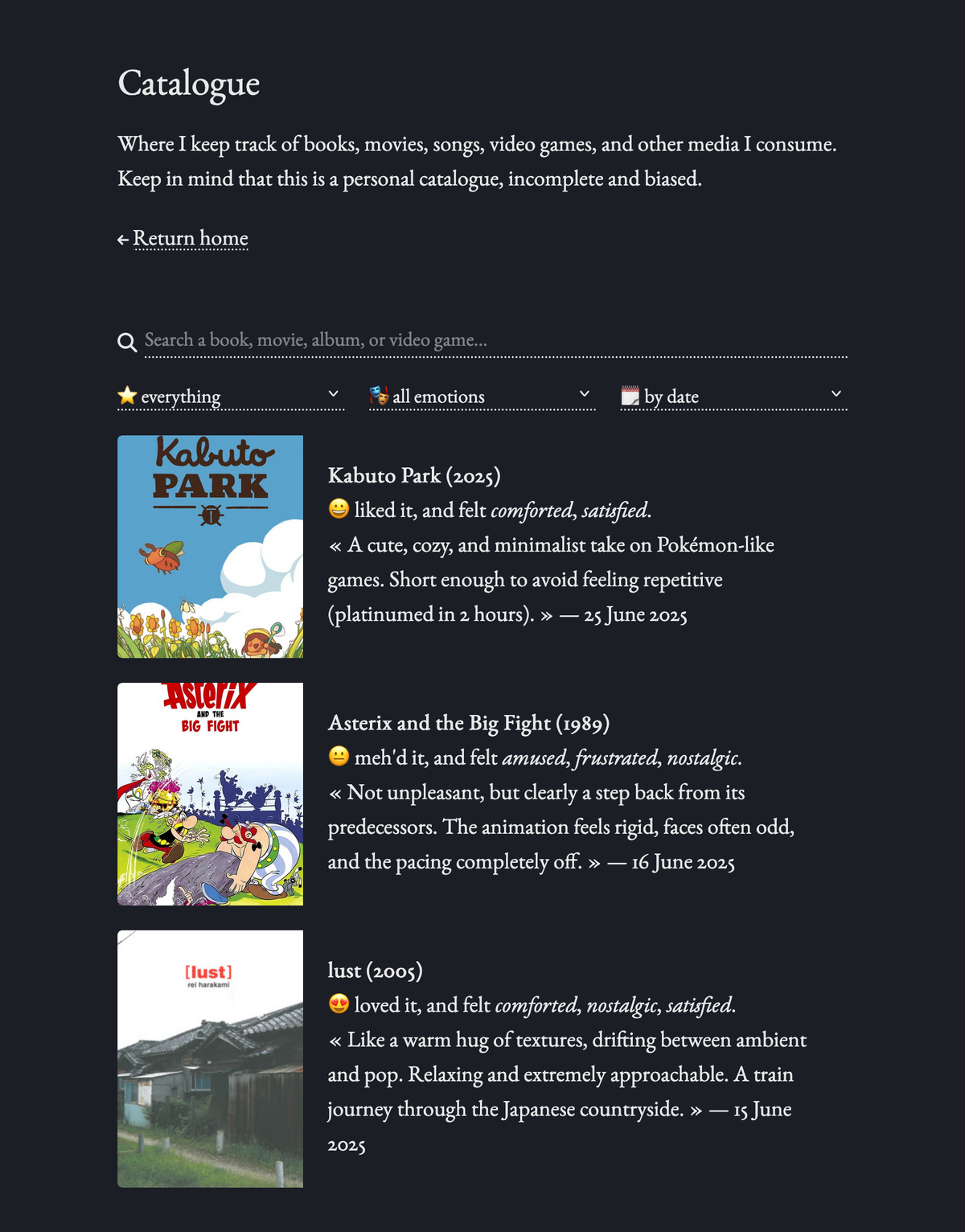 A screenshot of the catalogue page