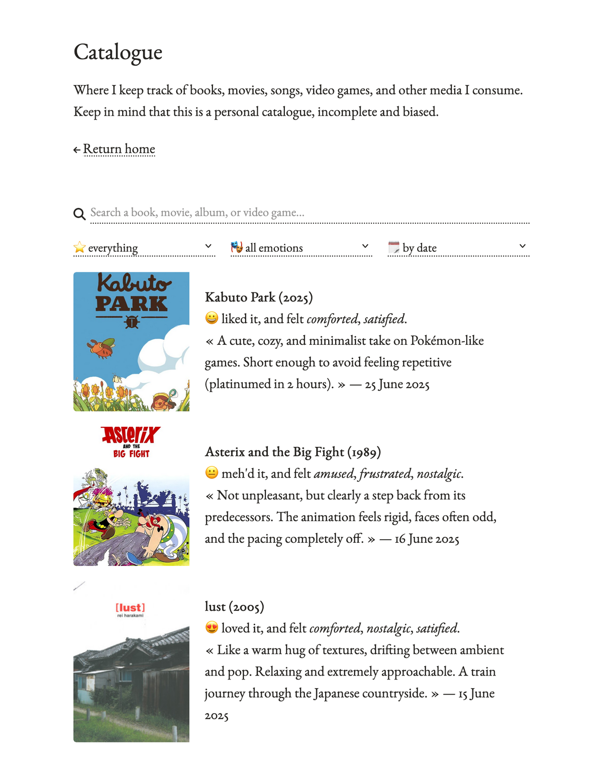 A screenshot of the catalogue page