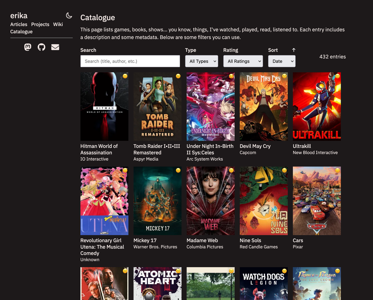 Screenshot of Erika's catalogue