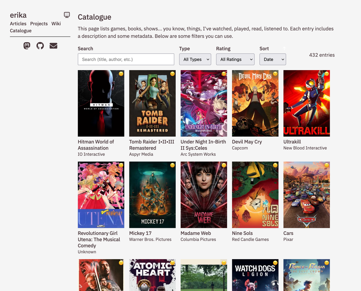 Screenshot of Erika's catalogue