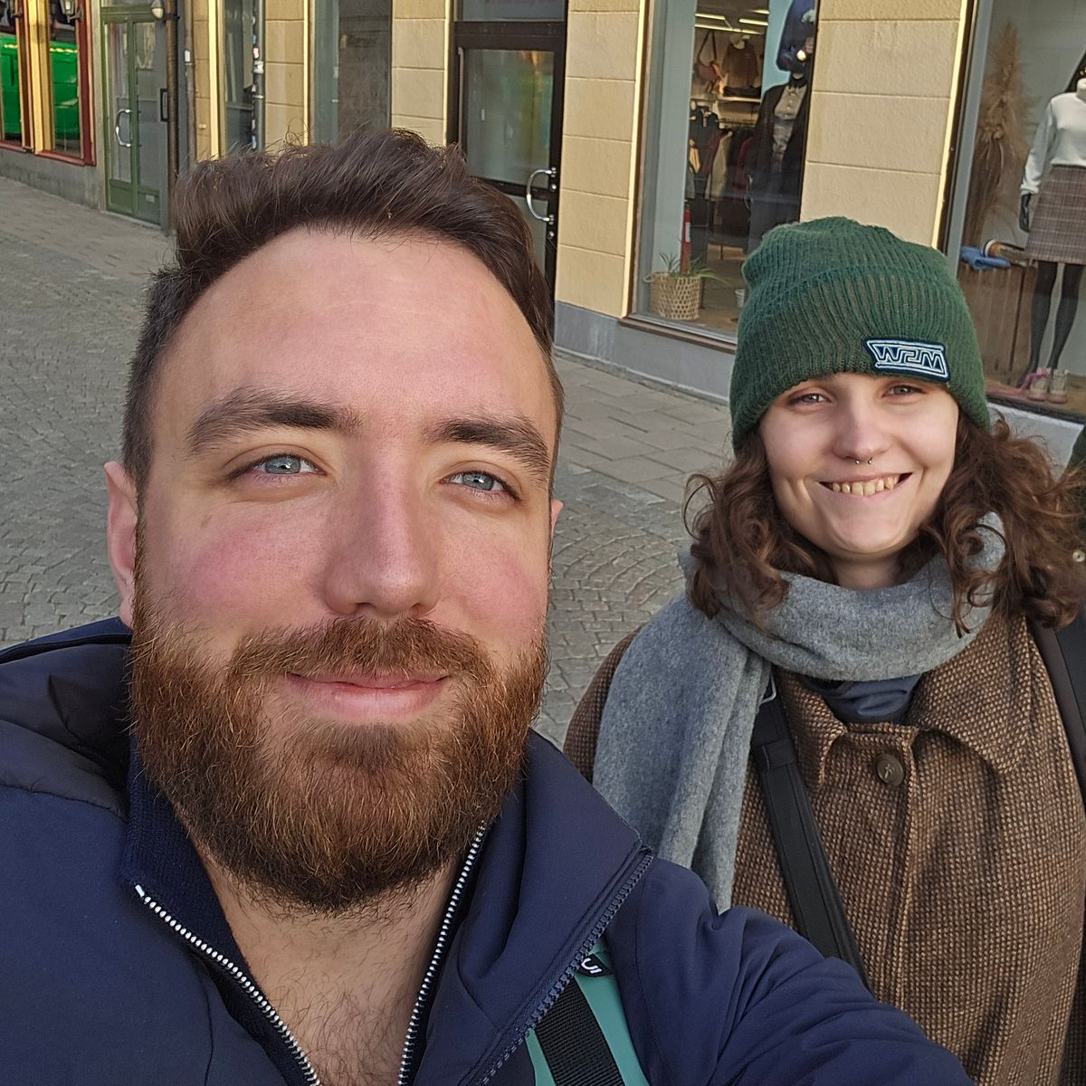 Me (on the left) taking a selfie with Erika (on the right) in a swedish street.