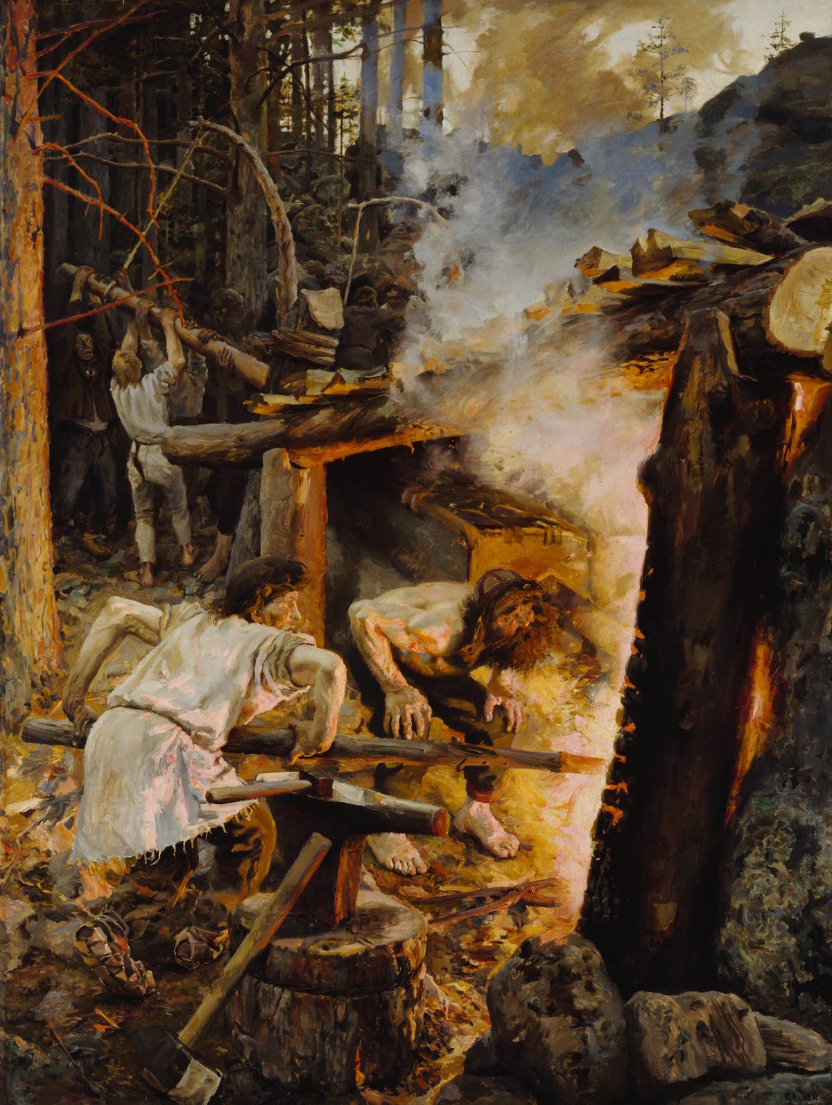In a smoky forest smithy, the blacksmith Ilmarinen and a helper strain on a long wooden bellows, peering into a blazing furnace; workers in the background haul logs, with axes and tools scattered in the firelit foreground.