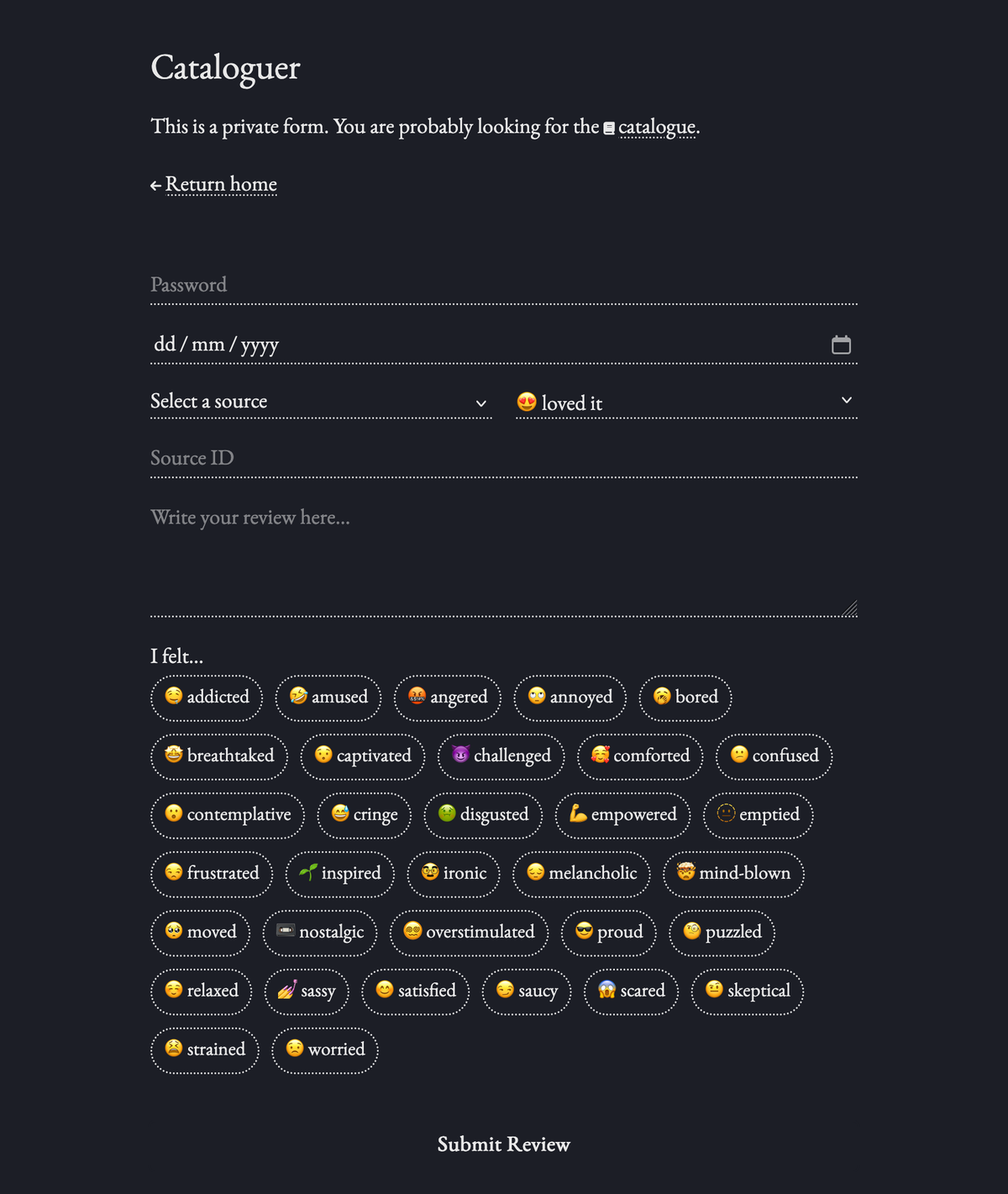 A screenshot of the catalogue form