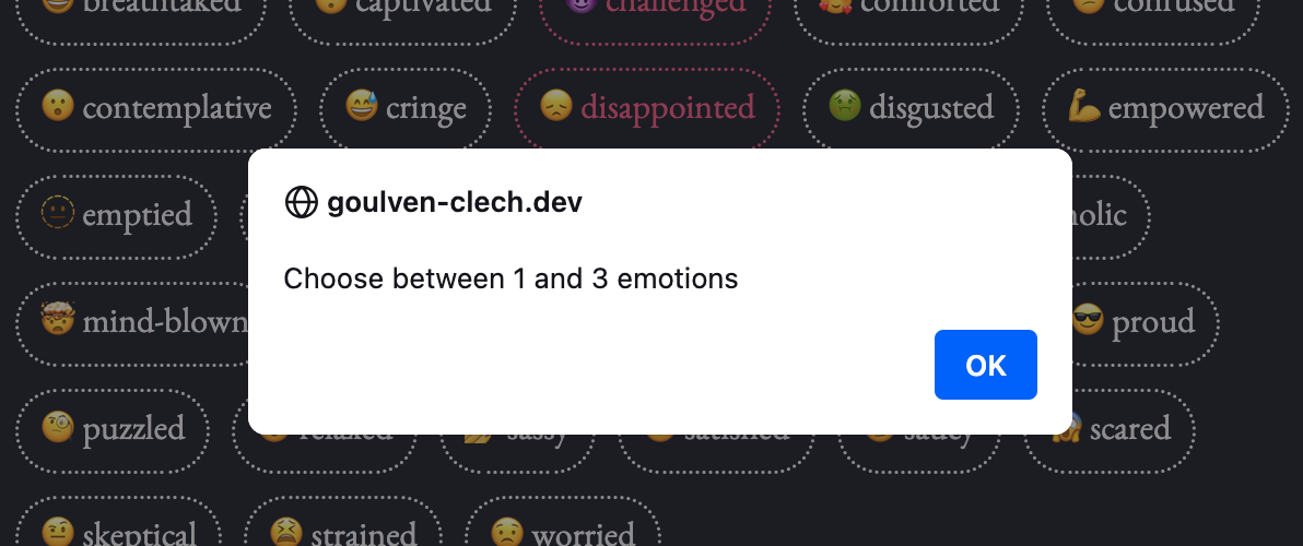 A screenshot of the catalogue form with a modal open, saying that I need to select one to three emotions.