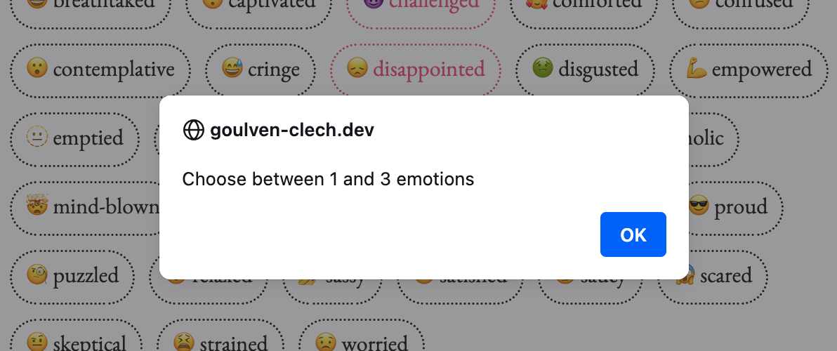A screenshot of the catalogue form with a modal open, saying that I need to select one to three emotions.