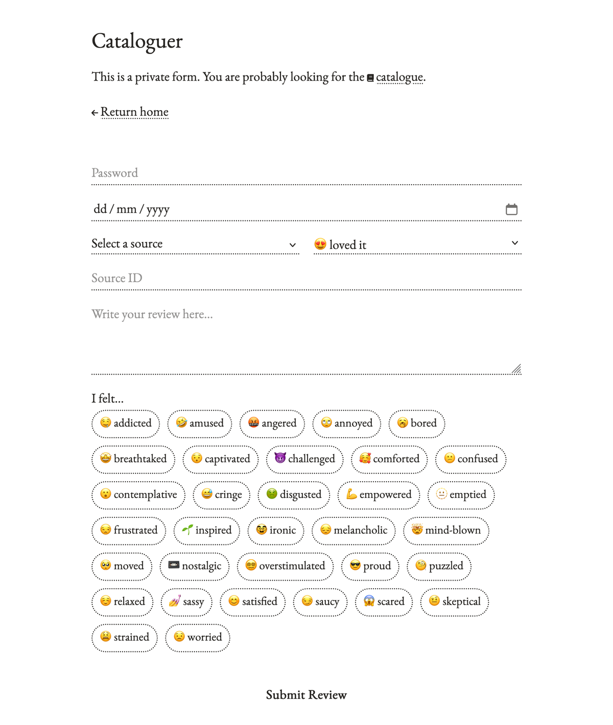 A screenshot of the catalogue form