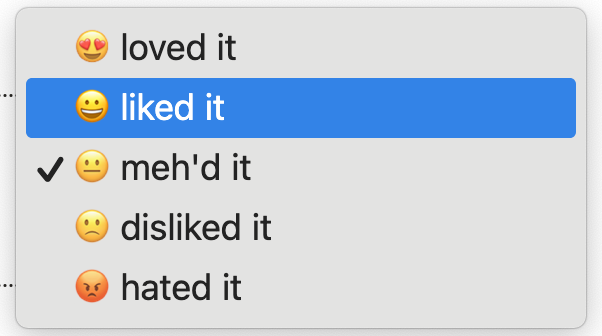 A screenshot of the catalogue form with the rating select open.
