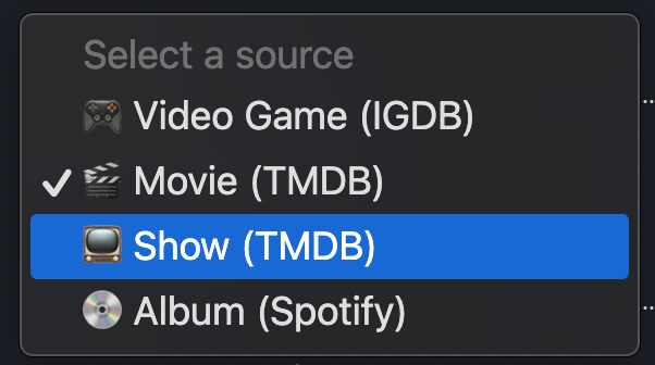 A screenshot of the catalogue form with the source select open.