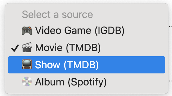 A screenshot of the catalogue form with the source select open.