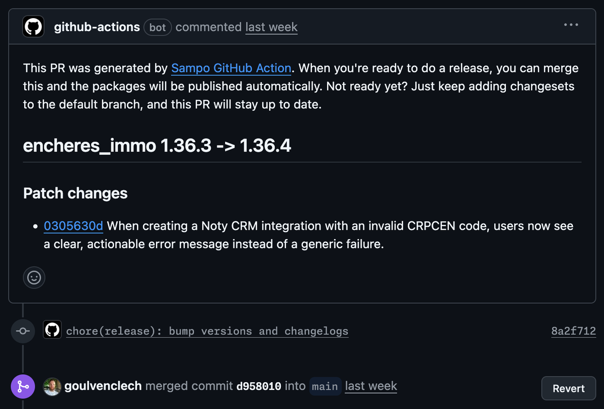 GitHub pull request generated by the Sampo GitHub Action for releasing encheres_immo 1.36.3 → 1.36.4, showing a bot comment with a brief changelog preview (Noty CRM invalid CRPCEN now gives a clear error) and the PR marked as merged into main.
