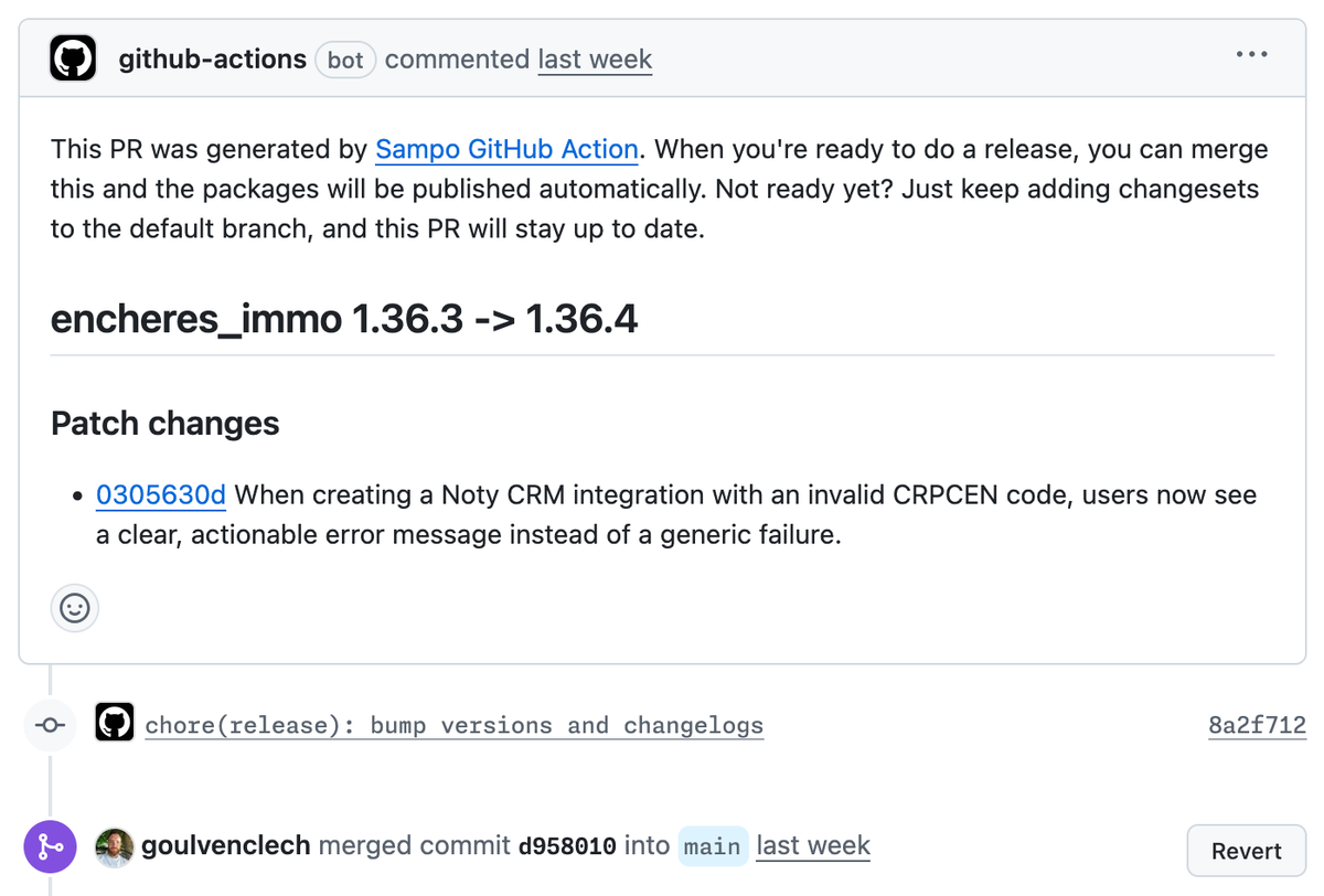 GitHub pull request generated by the Sampo GitHub Action for releasing encheres_immo 1.36.3 → 1.36.4, showing a bot comment with a brief changelog preview (Noty CRM invalid CRPCEN now gives a clear error) and the PR marked as merged into main.