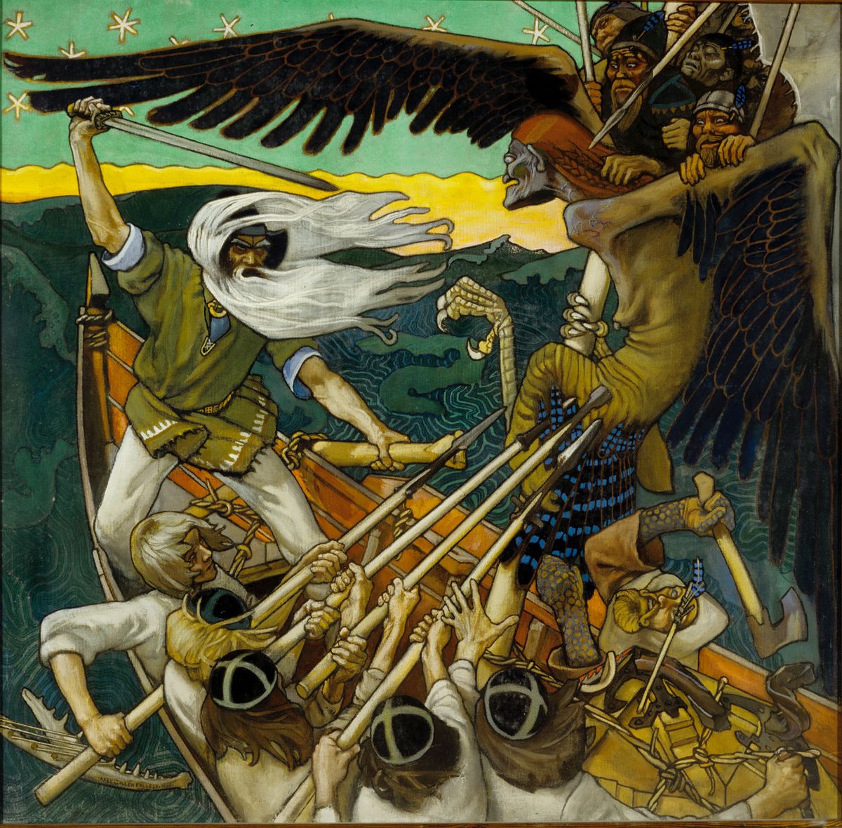 In a longboat on green, swirling seas at dusk, the bearded hero Väinämöinen—hair streaming—raises a sword against the eagle-winged Louhi perched on the gunwale, while his crew brace long poles around the Sampo to keep it aboard; crossbows and gear lie scattered on the deck beneath a star-streaked sky.