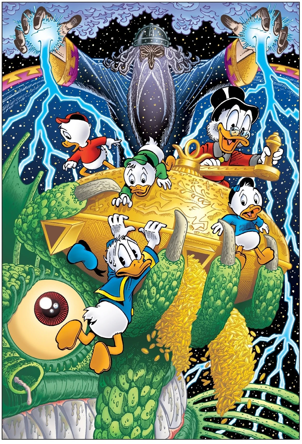 Scrooge McDuck steers a massive golden Sampo spilling coins, as Donald dangles from a green one-eyed monster; Huey, Dewey, and Louie cling on while a towering bearded, helmeted figure parts storm clouds and hurls lightning over a starry sky.